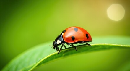 Fototapeta premium Close-up of ladybug on green leaf with natural background