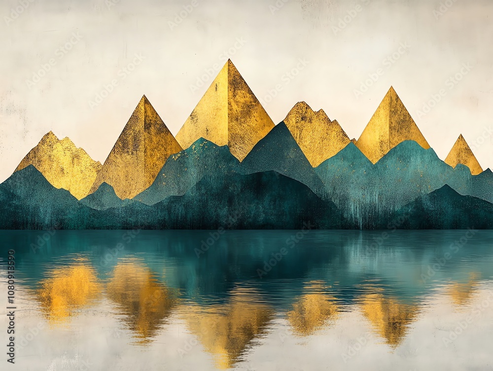 Poster abstract painting of a mountain range reflected in a lake with golden and teal colors.