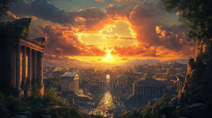 Breathtaking Panoramic View of an Ancient Roman Forum at Sunset with Dramatic Skies and Historical Ruins Illuminated by Golden Light