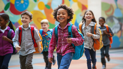 Happy young students with backpacks walking in school hallway