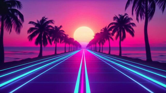 Futuristic neon-lit road leading to a radiant sunset amidst palm trees, evoking a vibrant synth wave aesthetic.