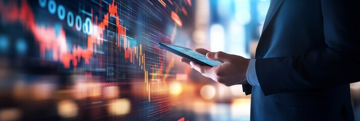 A businessperson is diligently analyzing intricate financial data on a hightech tablet while situated in a sleek, modern office environment that exemplifies professionalism and productivity