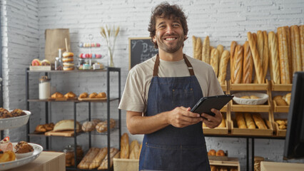 Young man smiling in a bakery shop with bread in the background while holding a tablet and wearing...