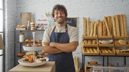 Young man in a bakery with arms crossed smiling, surrounded by various breads and pastries on display