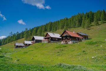 Idyllischer Anblick: Hütten auf der Alm, Landschaft in Kärnten, Österreich