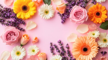 A vibrant arrangement of colorful flowers on a soft pink background, perfect for use in invitations, greeting cards, or decor, This image conveys freshness and positive vibes,