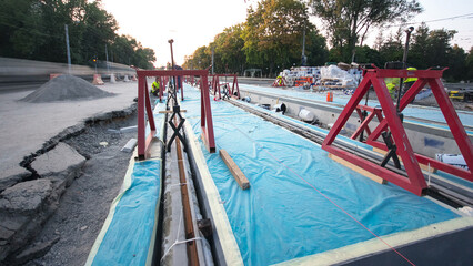 Road construction site with tram tracks repair and maintenance timelapse hyperlapse.