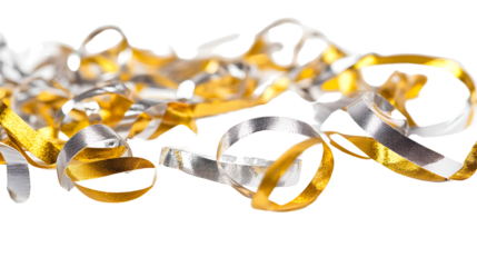 Silver and gold streamers for New Year’s party on a plain white background, no shadows