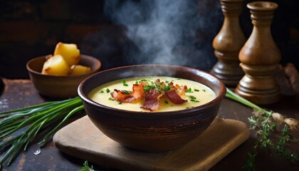 Creamy Potato Soup with Crispy Bacon and Chives, Served in a Rustic Ceramic Bowl with Steamy Warmth Captured in a Chiaroscuro, Dark and Cozy Kitchen Setup