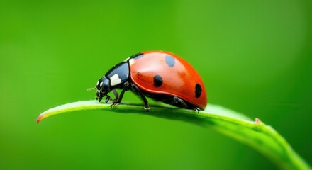 Fototapeta premium Close-up of ladybug on green leaf in nature