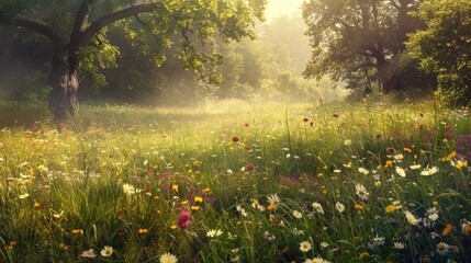 Fototapeta premium Sunlit Meadow of Spring Flowers on the Hillside