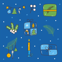 Set of festive winter elements. Gift boxes, fir branches with toys, garland and holly berries, candle on blue background with snow. Winter holiday. Colorful vector illustration hand drawn doodle