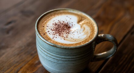 Warm cappuccino with heart-shaped foam on wooden table