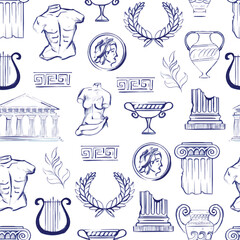 Seamless pattern ancient Greek symbols and artifacts columns, amphorae, busts, laurel wreaths, lyre outline. Flat vector illustration isolated on background. Greek culture and history architecture
