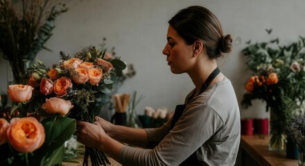 Floral designer arranging bouquet in flower shop