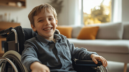 Happy disabled child laughing in a wheelchair at home in the living room