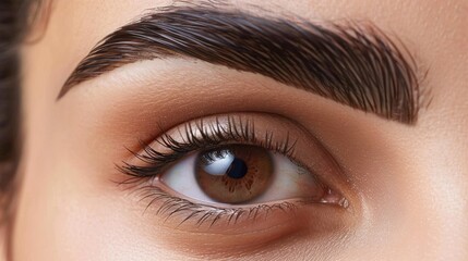 Obraz premium Captivating close up portrait showcasing a woman s beautifully applied eye makeup long lashes and well groomed eyebrows highlighting her natural elegance and refined features