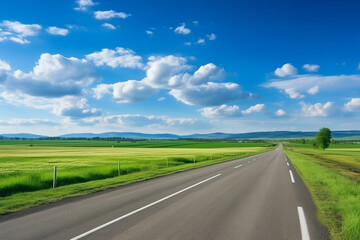 Rural asphalt road with white lines on the green field background in spring or autumn at sunset, with a blue sky and clouds.