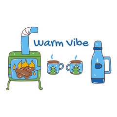 Set of elements warm vibe. Mugs with hot drink, thermos and stove with burning wood. Winter season. Colorful vector isolated illustration hand drawn doodle. Cozy atmosphere