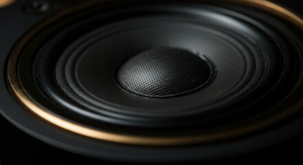 Close-up of modern black speaker with golden details