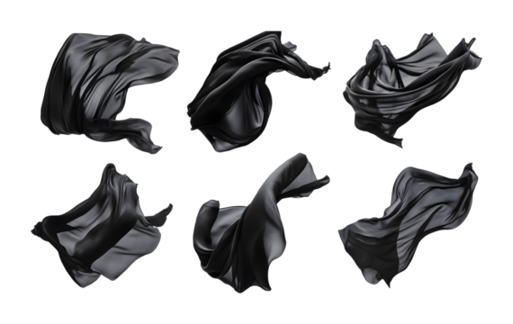 Set of black flying fabric on a transparent background. isolated background.