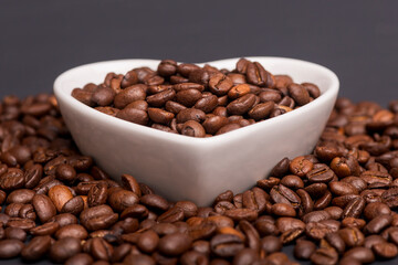 Roasted coffee beans in a white dish