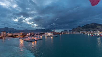 Aerial view of sea with waves and port from ship sailing in the open sea timelapse