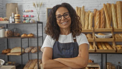 Woman standing with crossed arms in a bakery, smiling confidently in front of bread shelves wearing apron and glasses indoors