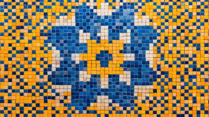 A close-up of a blue and yellow mosaic tile pattern with a white snowflake design in the center.