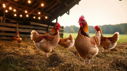 Chickens roaming freely at the farm during golden hour