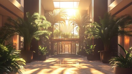 Sunlight Through Palm Trees in a Grand Lobby