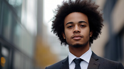 Fototapeta premium Young businessman posing in a city center with contemporary office buildings in the background