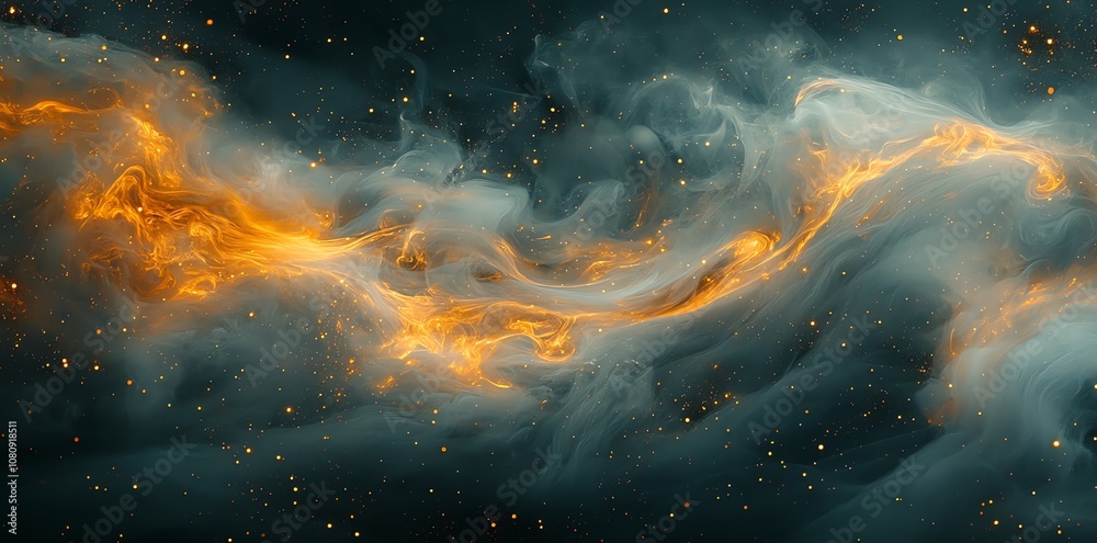 Poster abstract swirling nebula with glowing orange and white clouds.