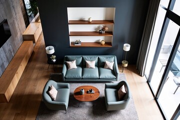 Aerial View of Contemporary Lounge with Empty Shelf and Cozy Sofa in Stylish Home Decor