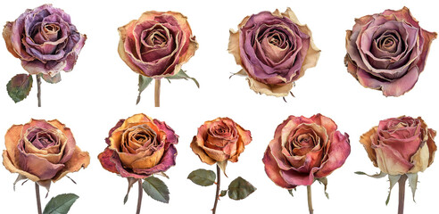 Fototapeta premium Bundle of dried rose with faded colors petals isolated transparent PNG set