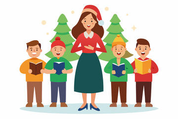 Group Christmas Caroling with Festive Hats and Smiling Faces