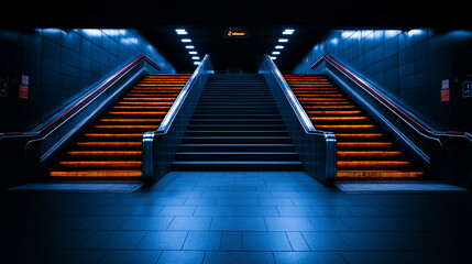 Fototapeta premium The Path to Success: A pair of illuminated staircases, bathed in cool blue light, ascend towards a mysterious destination.