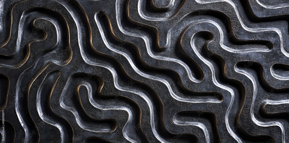 Poster Abstract textured background of a black surface with a carved labyrinth pattern.