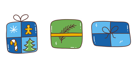 Set of three cute festive gift boxes blue and green colors. Merry Christmas and Happy New Year. Winter holiday. Colorful vector isolated illustration hand drawn doodle. Present contour icon