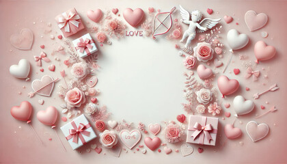 Obraz premium romantic arrangement of pink hearts, gifts, and flowers creates lovely atmosphere. Perfect for Valentine Day or love themed events, this evokes feelings of affection and joy