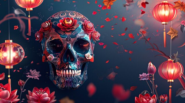 Vibrant Sugar Skull with Flowers and Lanterns in Dia de los Muertos Decorative skull with floral details petals and glowing lanterns against a dark