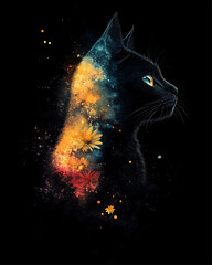A cosmic-themed black cat with nebula colors and floral elements added in.