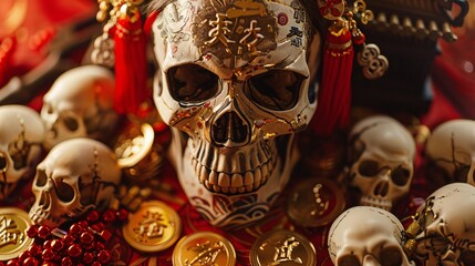 Fototapeta premium Mysterious and eerie skull and skeleton backdrop with ancient gold coins jewels and other treasures Occult mystical and spiritual ritual scene with a dark gothic and creepy atmosphere