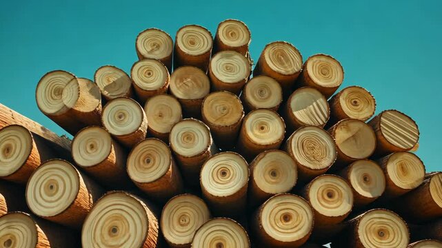 A stack of cut logs sits against a bright blue sky, showcasing the intricate patterns of their rings