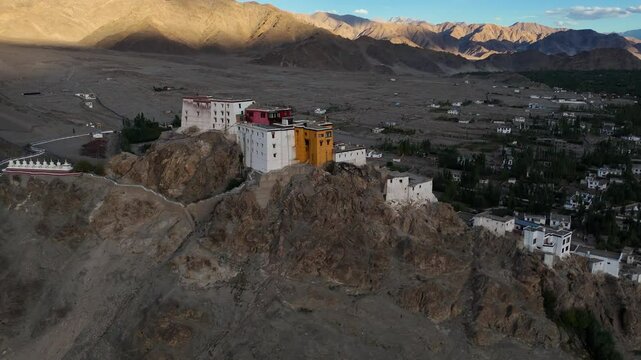 aerial drone shot, close up of thikshey monastery in ladakh.