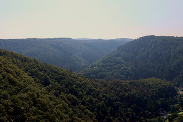 Fototapeta premium Bewaldete Hügel beim Kurort Bad Bertrich in der Eifel im Landkreis Cochem-Zell . Aussicht vom Wanderweg Wasserfall-Erlebnisroute, der 2023 zu Deutschlands schönstem Wanderweg gewählt wurde.