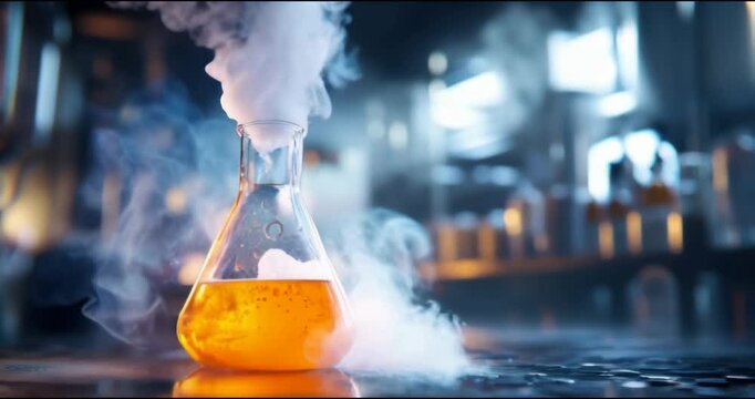 Close up of a laboratory flask with orange liquid and steam rising in chemistry lab.