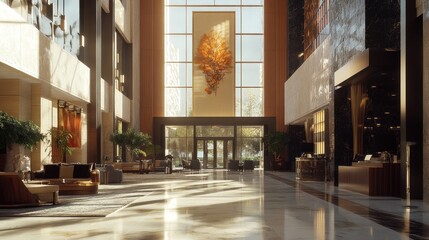 Fototapeta premium Luxury Hotel Lobby with Sunlight Streaming Through