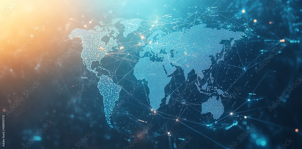 Aufkleber Abstract World Map with connecting lines, glowing points and bright light on the background.