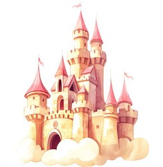 Obraz premium A whimsical castle with pink turrets emerges from fluffy clouds, perfect for children's illustrations or fantasy-themed projects, This charming image can enhance stories, games
